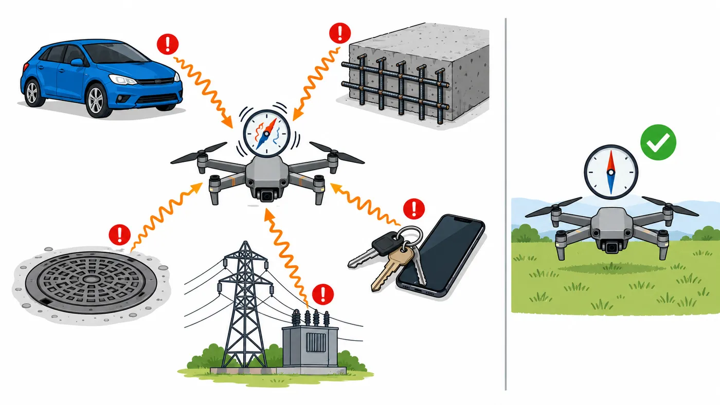 Dron con brújula rodeado de fuentes de interferencia: coche, hormigón armado, alcantarilla, líneas eléctricas y llaves