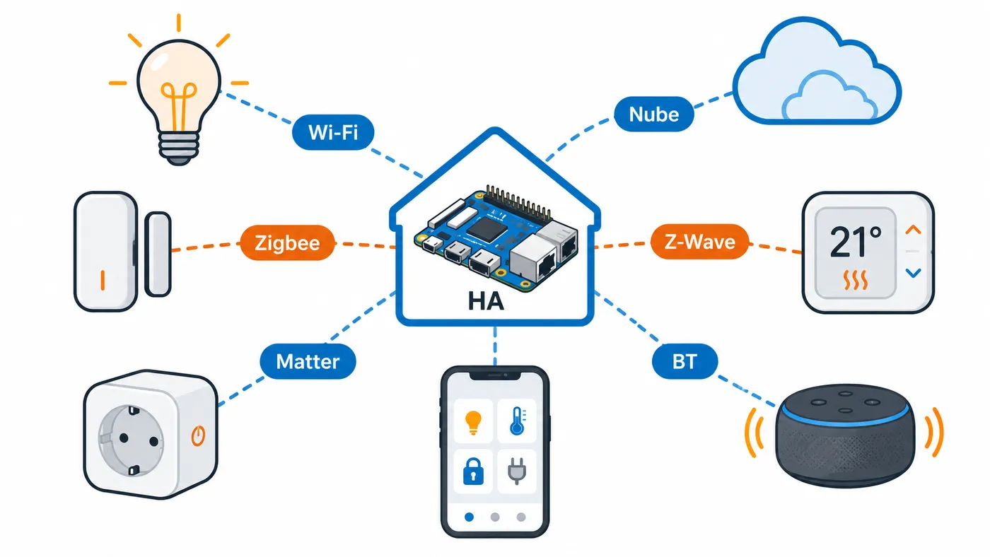 Home Assistant en la Raspberry Pi como centro que integra bombillas, enchufes, termostato y sensores de distintos protocolos