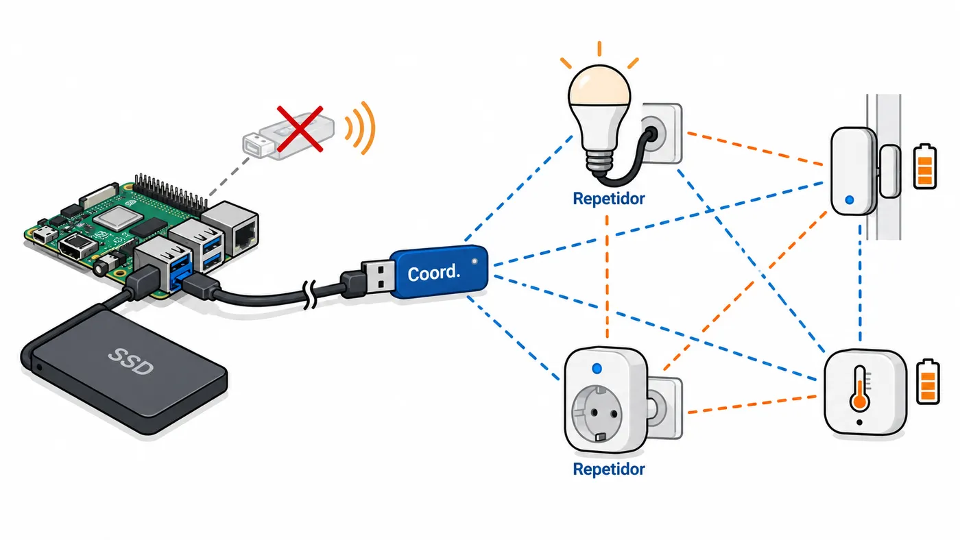 Coordinador Zigbee conectado con alargador USB lejos del SSD; bombillas y enchufes hacen de repetidores para sensores a batería