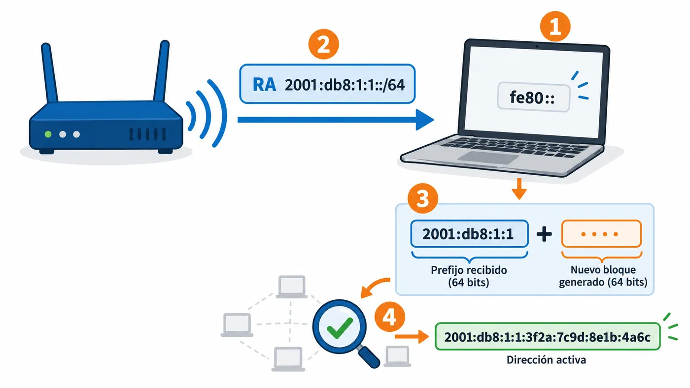 SLAAC en cuatro pasos: link-local, anuncio del prefijo por el router, generación de la interfaz y comprobación