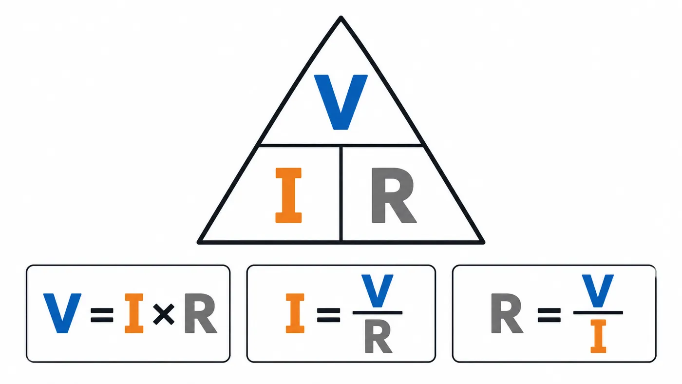 Triángulo V-I-R y las tres fórmulas despejadas de la ley de Ohm.