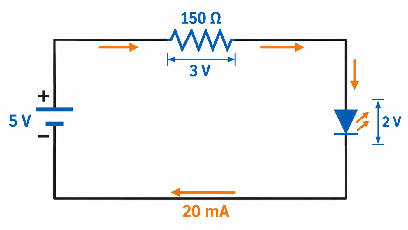 Circuito en serie con fuente de 5 V, LED de 2 V y resistencia de 150 Ω a 20 mA.