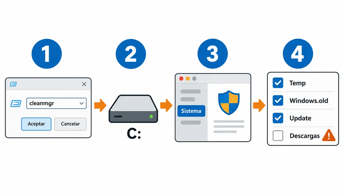 Pasos del Liberador de espacio: cleanmgr, unidad C:, Limpiar archivos del sistema y Aceptar; cuidado con la casilla Descargas