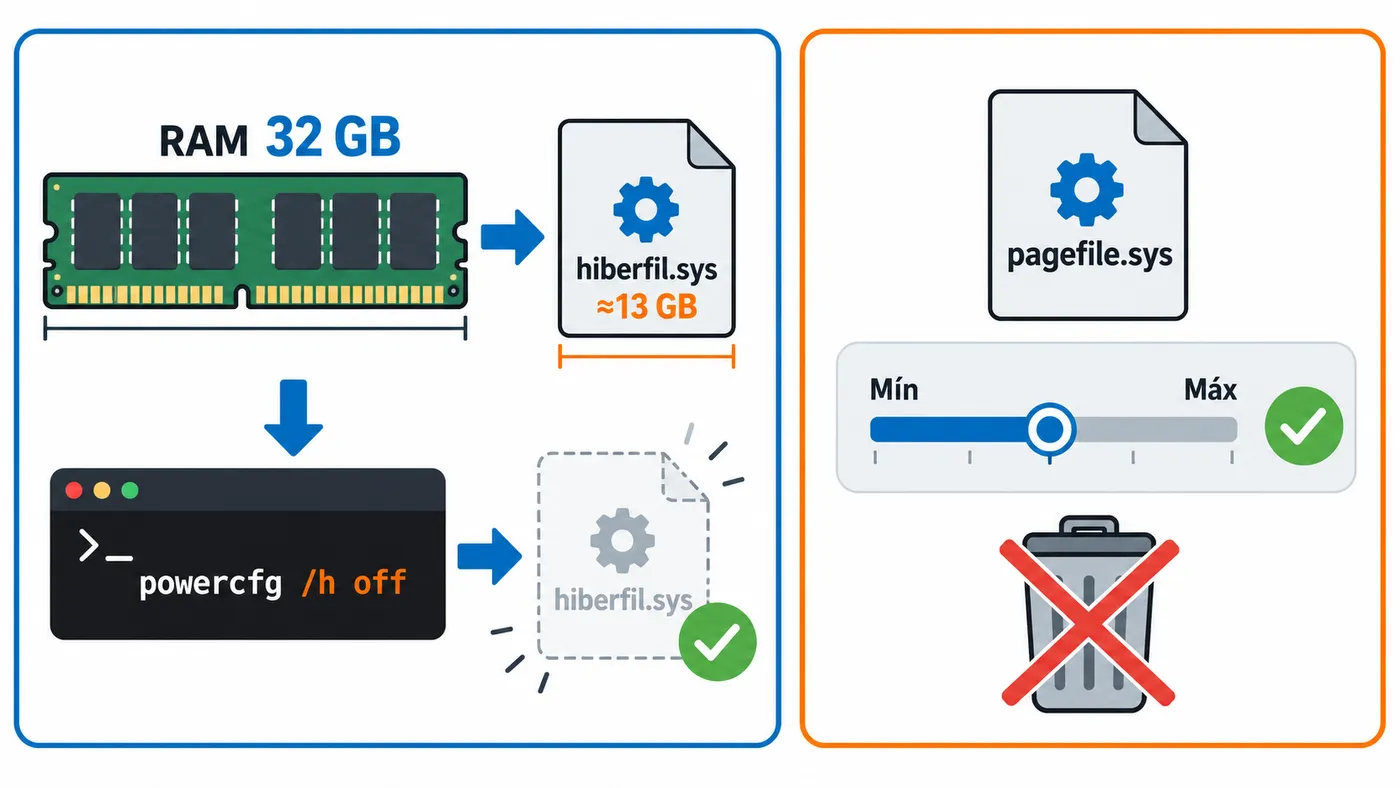 hiberfil.sys ocupa un 40 % de la RAM y se elimina con powercfg; pagefile.sys se limita pero no se borra