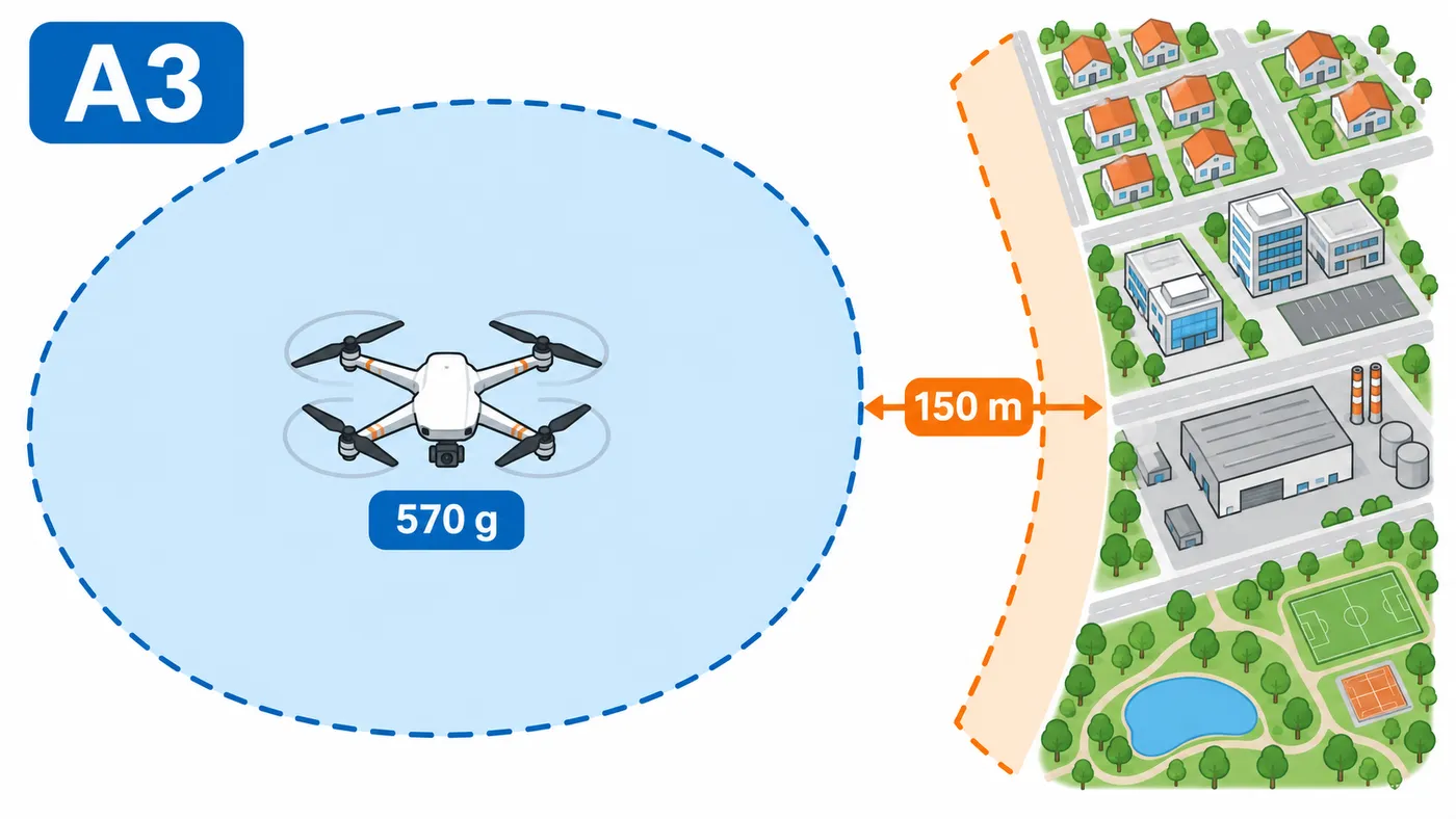 Dron heredado de 570 g en A3, separado 150 m de zonas residenciales, comerciales, industriales y recreativas.