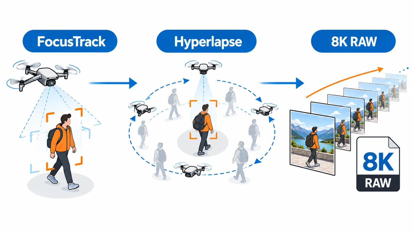 Un dron detecta y sigue a un sujeto con FocusTrack e Hyperlapse y produce una secuencia 8K RAW.