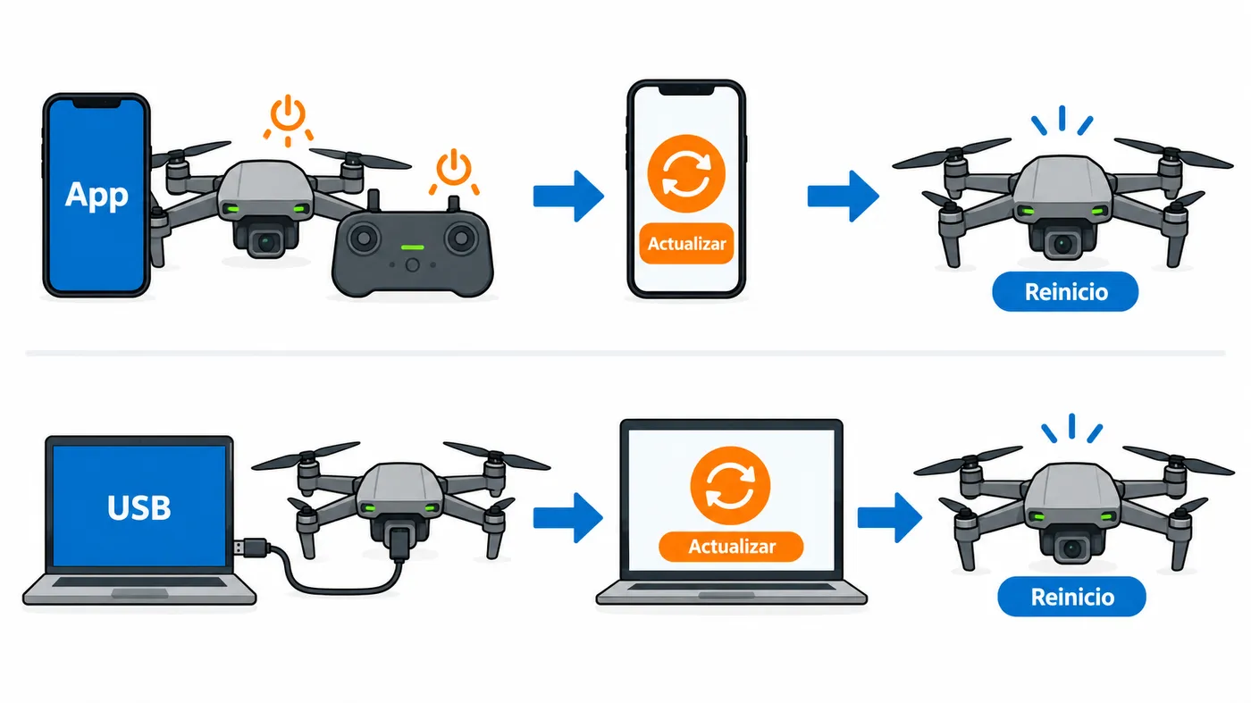 Dos formas de actualizar: con la app DJI Fly en el móvil o con DJI Assistant 2 en un ordenador conectado al dron por USB.