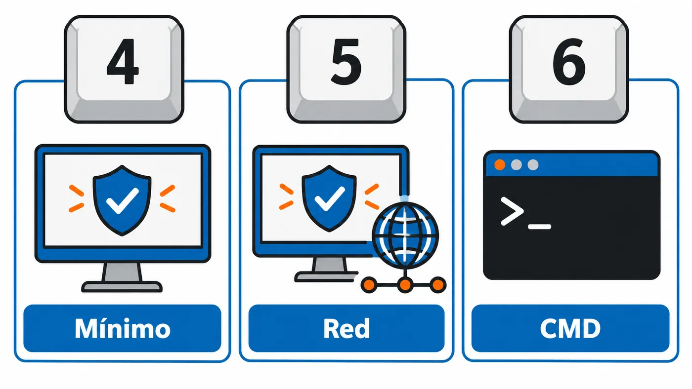 Tres tarjetas: tecla 4 modo seguro mínimo, tecla 5 con red y tecla 6 solo con consola de comandos.