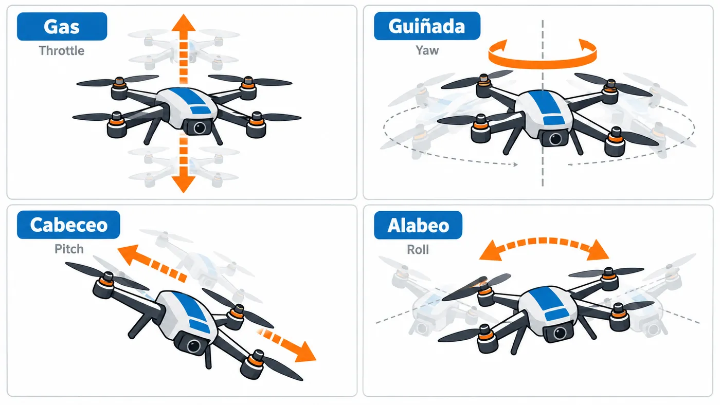 Cuadricóptero con los cuatro ejes de mando: gas sube y baja, guiñada gira, cabeceo avanza y alabeo desplaza de lado