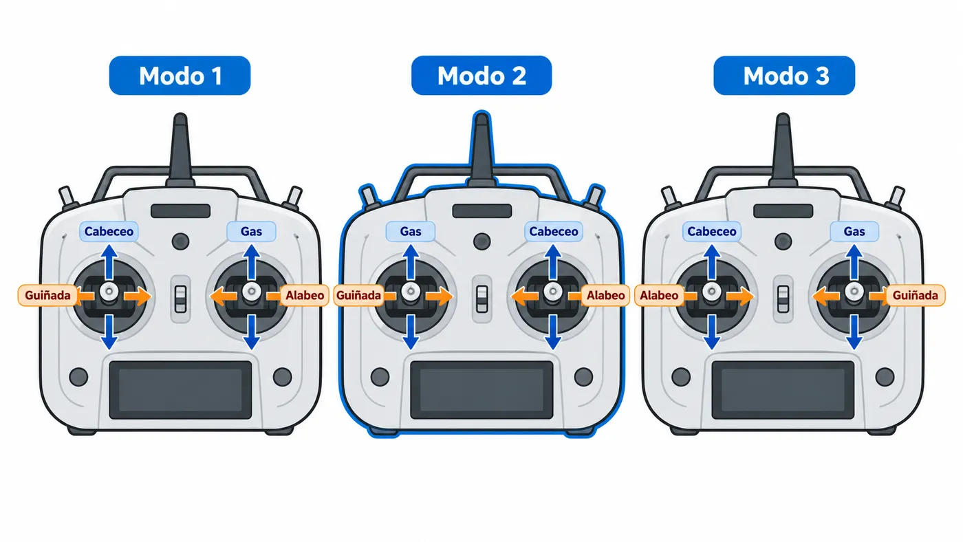 Tres mandos con la asignación de ejes en modo 1, modo 2 y modo 3 para el stick izquierdo y el derecho