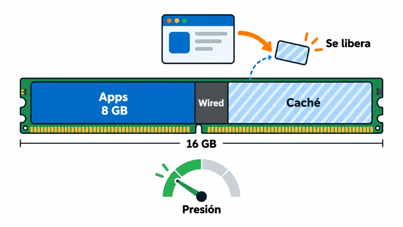 Barra de 16 GB de RAM con 8 GB de apps y el resto como caché de archivos que se libera cuando una app la necesita
