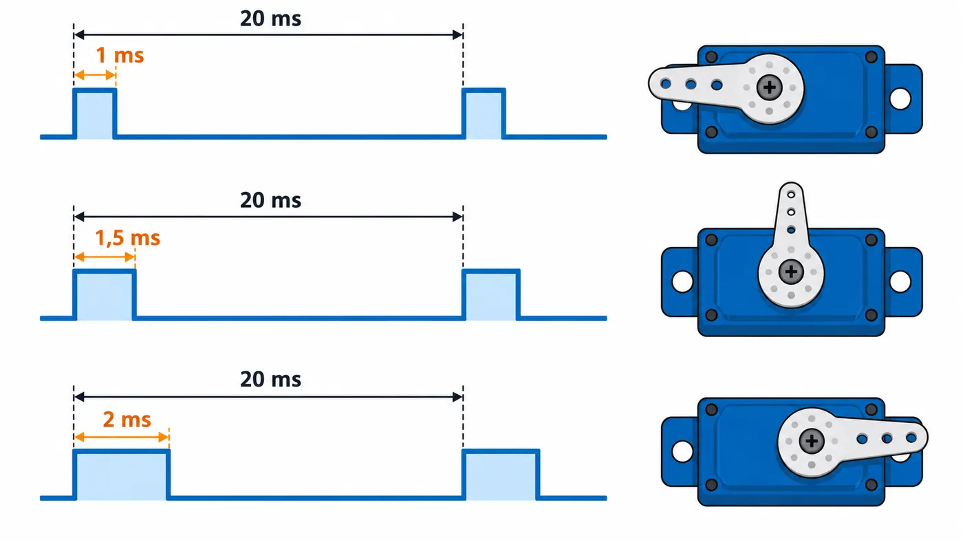 Señal de servo de 50 Hz con un pulso cada 20 ms: 1 ms un extremo, 1,5 ms centro y 2 ms el otro extremo