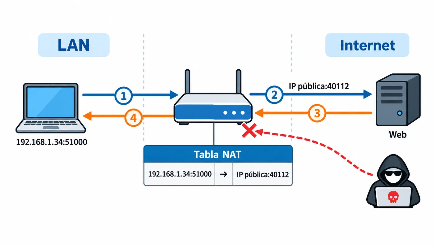 Esquema del NAT: un portátil con IP privada sale por el router, que traduce a su IP pública y anota la conexión en la tabla NAT