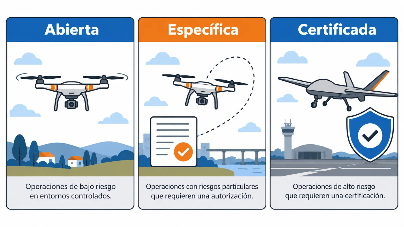Comparación visual de las categorías abierta, específica y certificada según el riesgo de la operación.