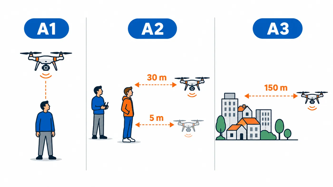 Distancias y condiciones de vuelo de A1, A2 y A3 respecto a personas y zonas urbanas.