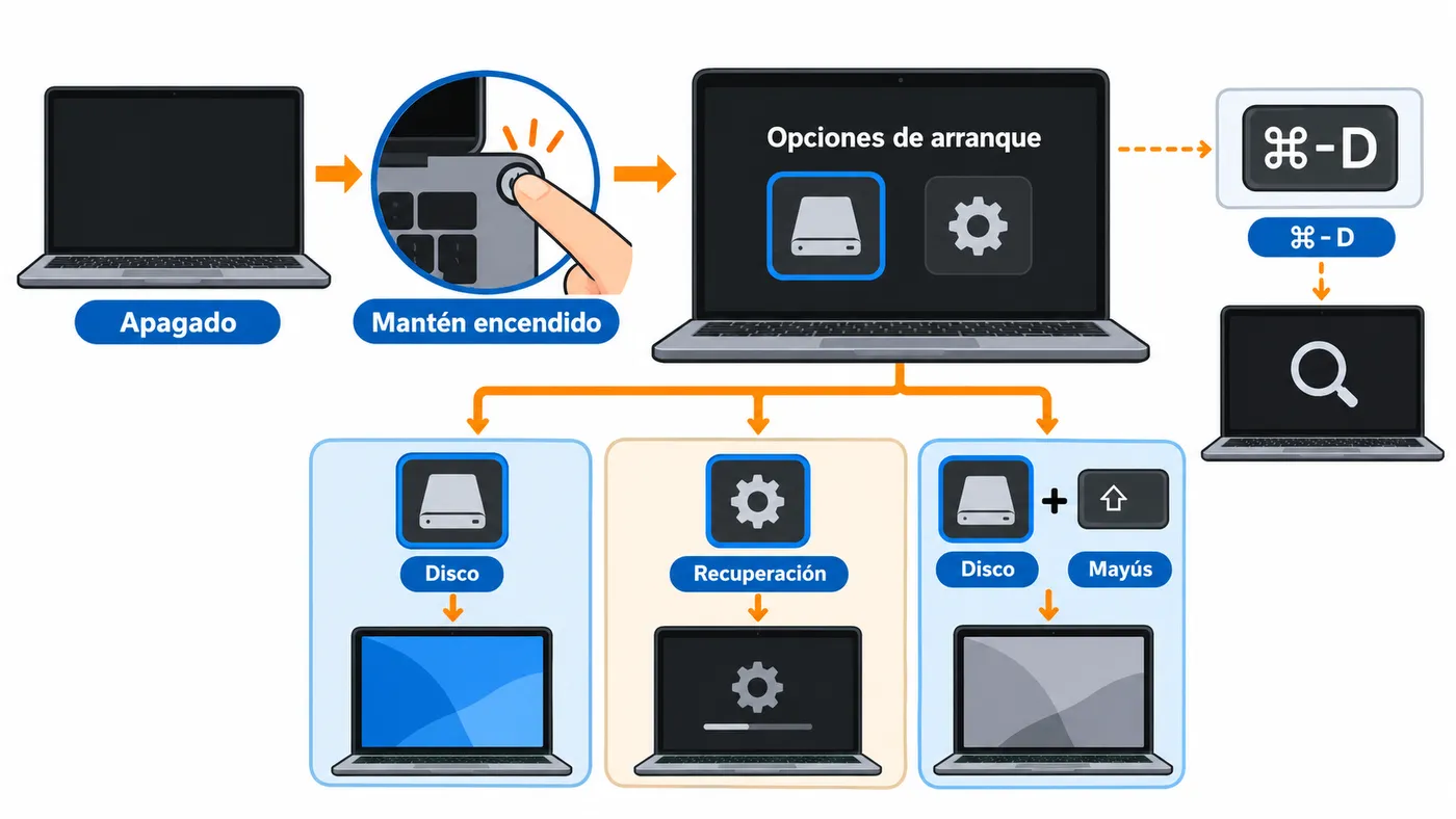 Flujo para mantener el botón de encendido y elegir disco, Recuperación o modo seguro.