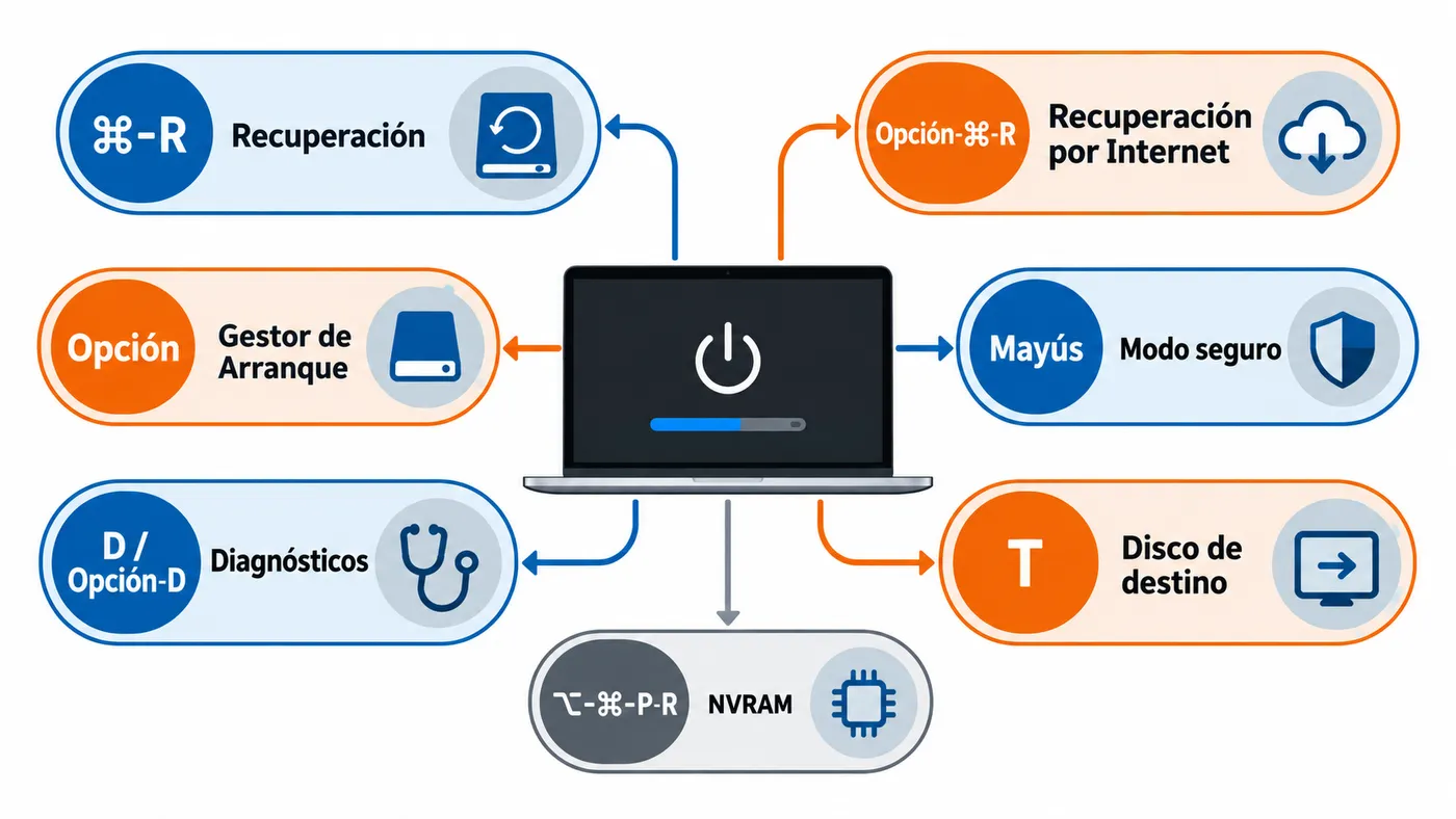 Combinaciones de arranque en Intel para Recuperación, disco, modo seguro, diagnósticos y NVRAM.