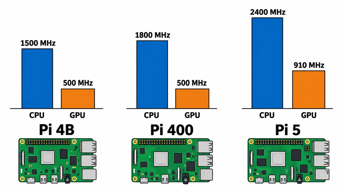 Barras comparan las frecuencias de CPU y núcleo GPU de la Pi 4B, Pi 400 y Pi 5.