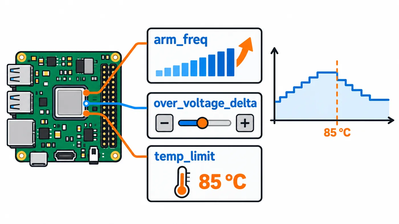 Esquema de arm_freq, over_voltage_delta y del límite térmico de 85 °C.
