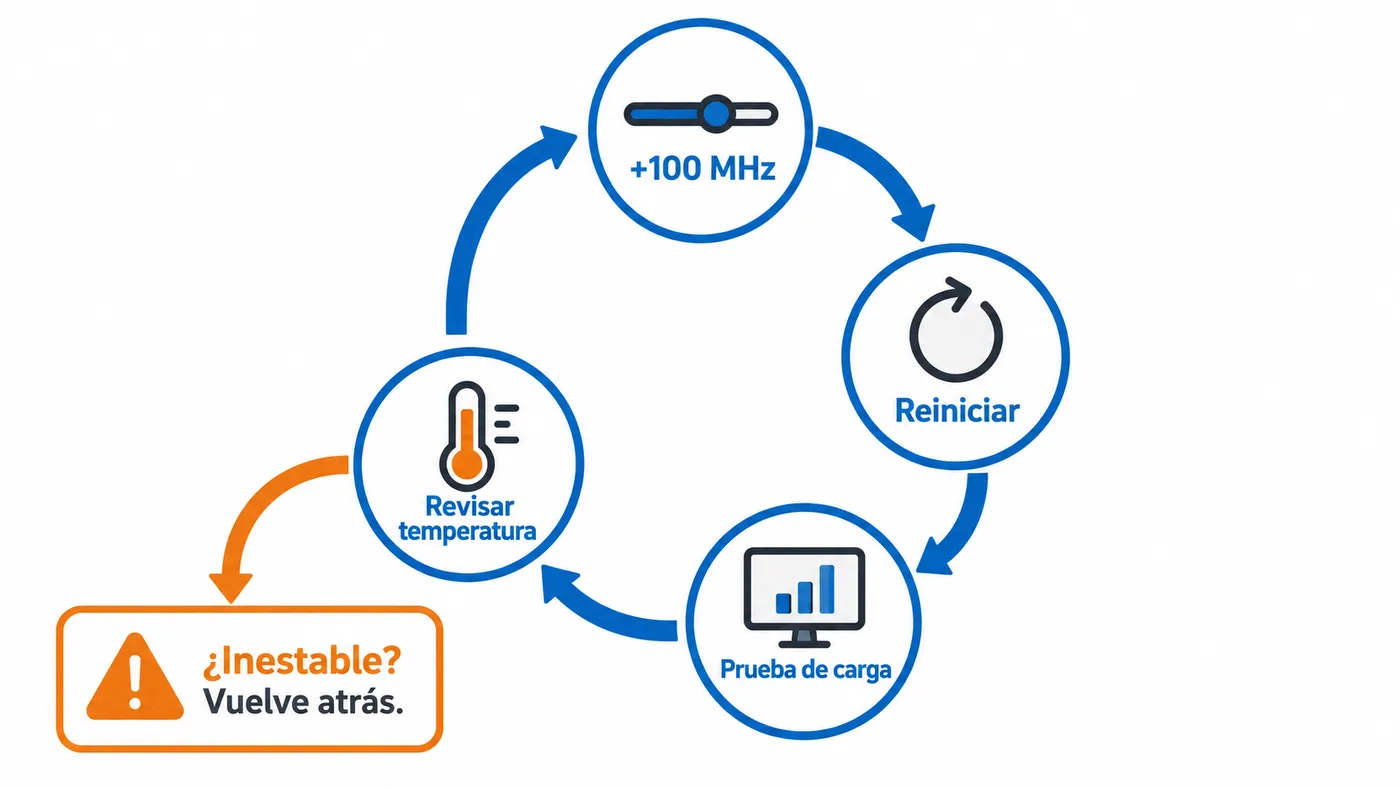 Ciclo para subir 100 MHz, reiniciar, hacer una prueba de carga y revisar la temperatura y la estabilidad.