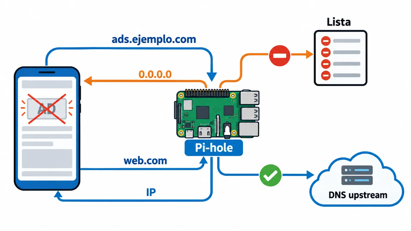 Flujo DNS de Pi-hole: los dominios de publicidad reciben 0.0.0.0 y el resto se reenvía al DNS de subida