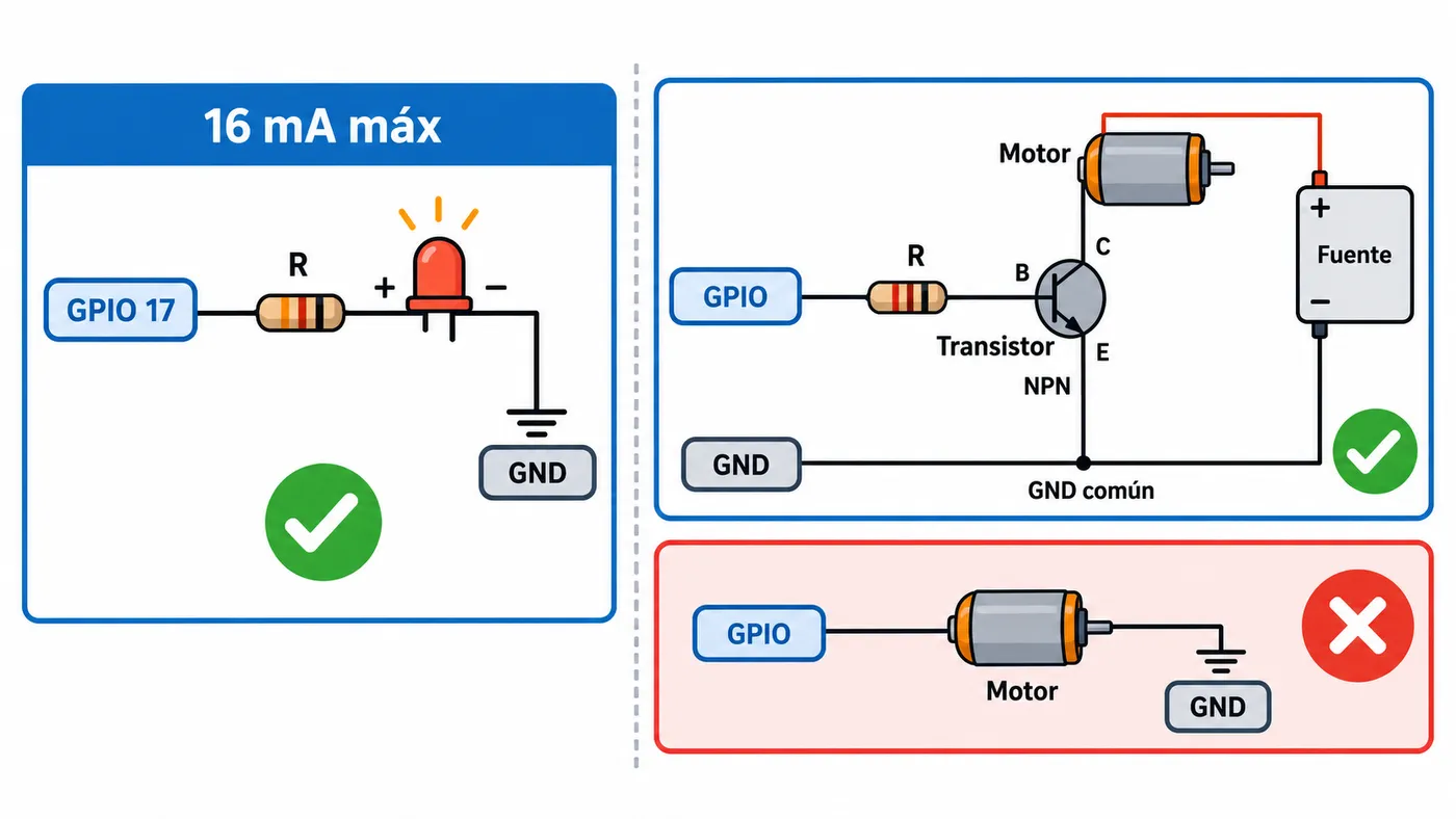 Un GPIO enciende un LED con resistencia, pero para un motor hace falta un transistor con alimentación propia