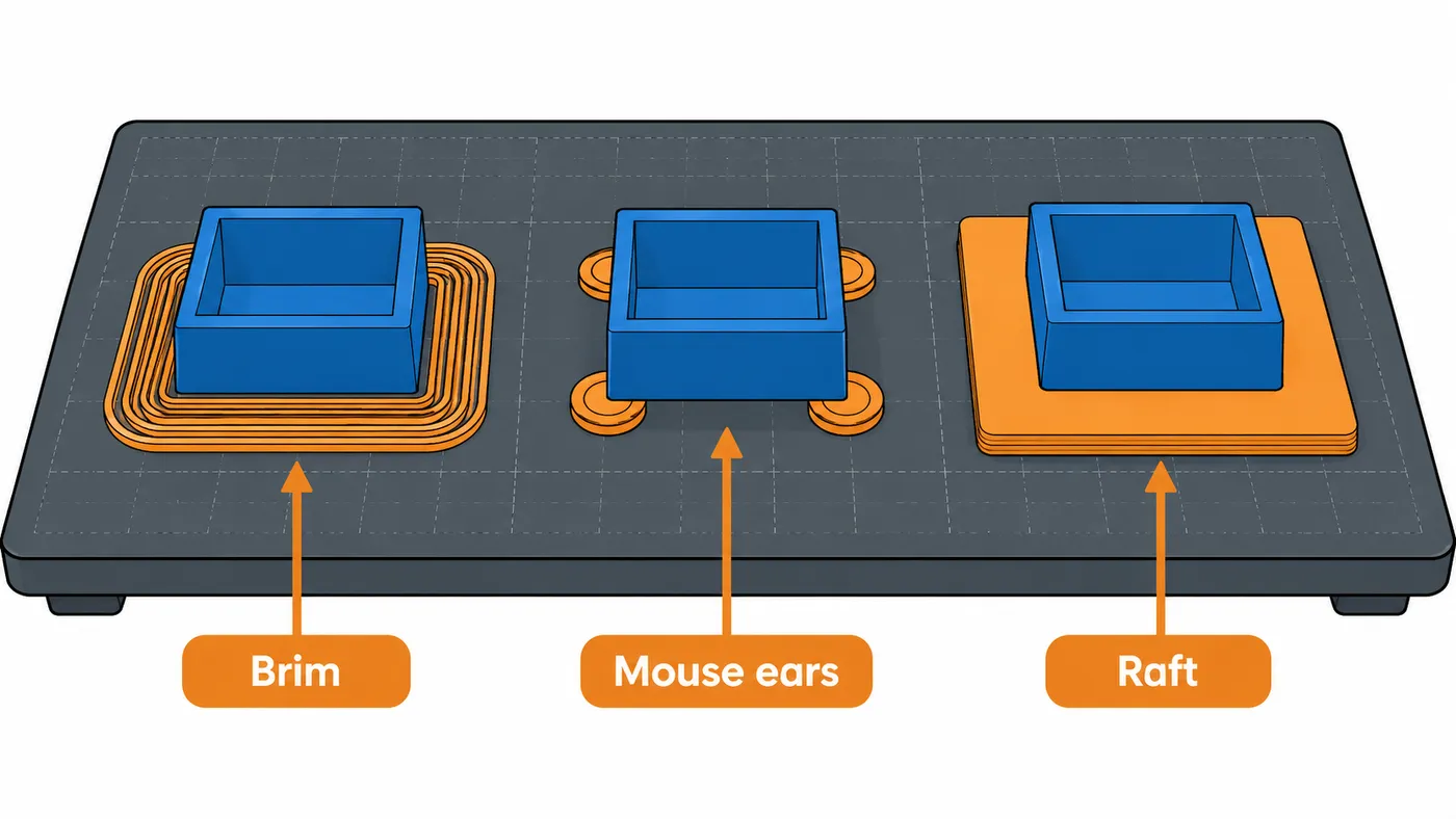 Vista superior de una pieza con brim alrededor, otra con mouse ears en las esquinas y otra sobre un raft