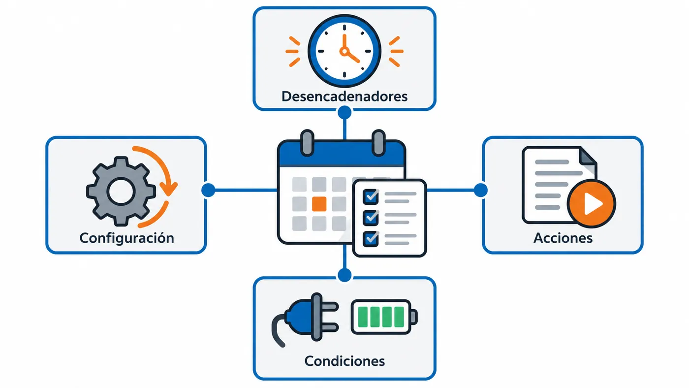 Una tarea en el centro con cuatro piezas: desencadenadores, acciones, condiciones y configuración.