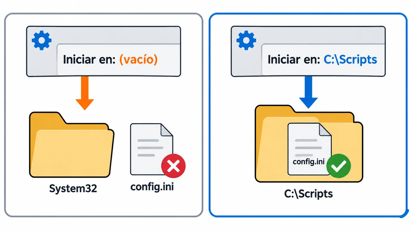 Comparación: con Iniciar en vacío el script busca config.ini en System32 y falla; con C:\Scripts lo encuentra.