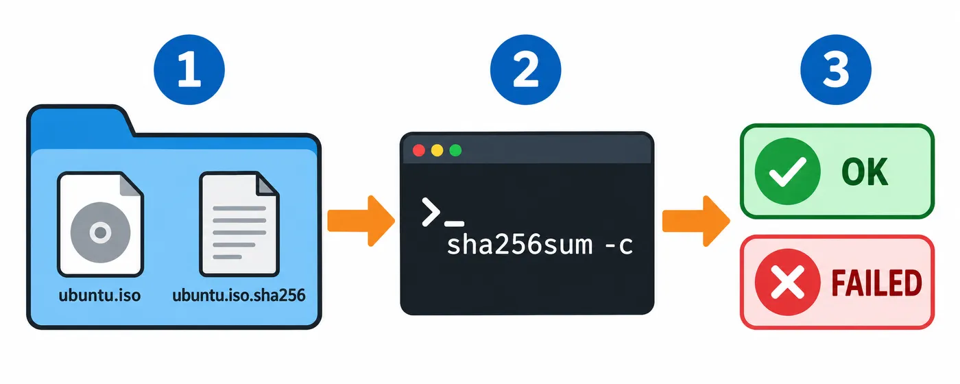 Pasos para verificar: descargar la ISO y su fichero .sha256 en la misma carpeta, ejecutar la comprobación y obtener OK o FAILED