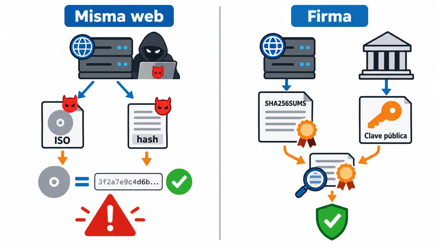 Si atacan la web de descargas pueden cambiar la ISO y el hash; la firma con clave del proyecto lo detecta