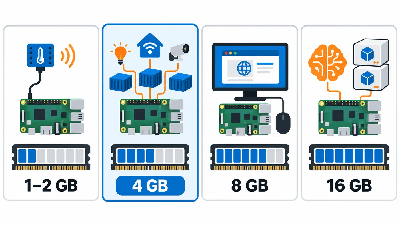 Cuatro niveles de RAM, de 1–2 GB a 16 GB, con 4 GB resaltados para domótica y varios contenedores.
