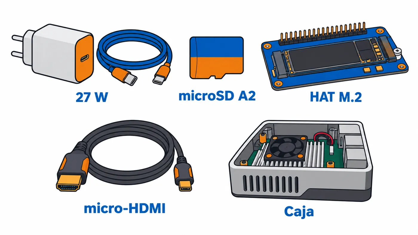 Accesorios para la placa: fuente USB-C de 27 W, tarjeta microSD A2, placa HAT M.2 con SSD NVMe, cable micro-HDMI y caja con disipador y ventilador.