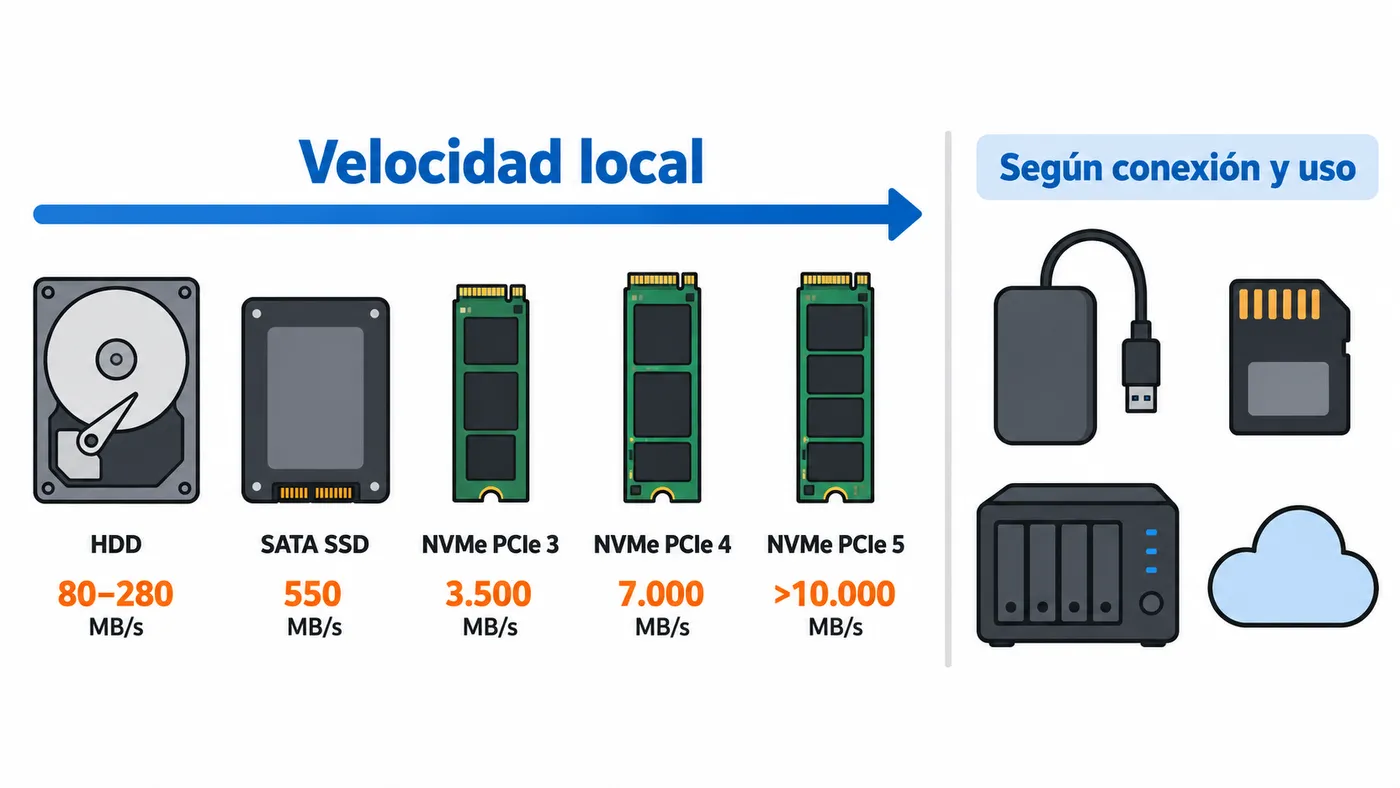 Comparativa de velocidad local entre HDD, SSD SATA y NVMe, con unidades externas, SD, NAS y nube según conexión y uso.