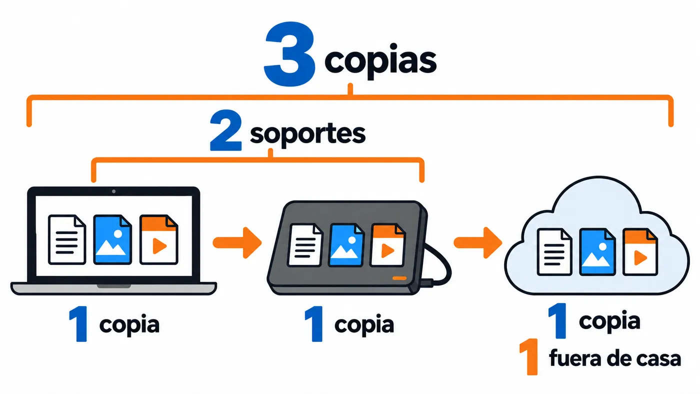 Regla de copias 3-2-1: tres copias en dos soportes, con una copia fuera de casa en la nube.
