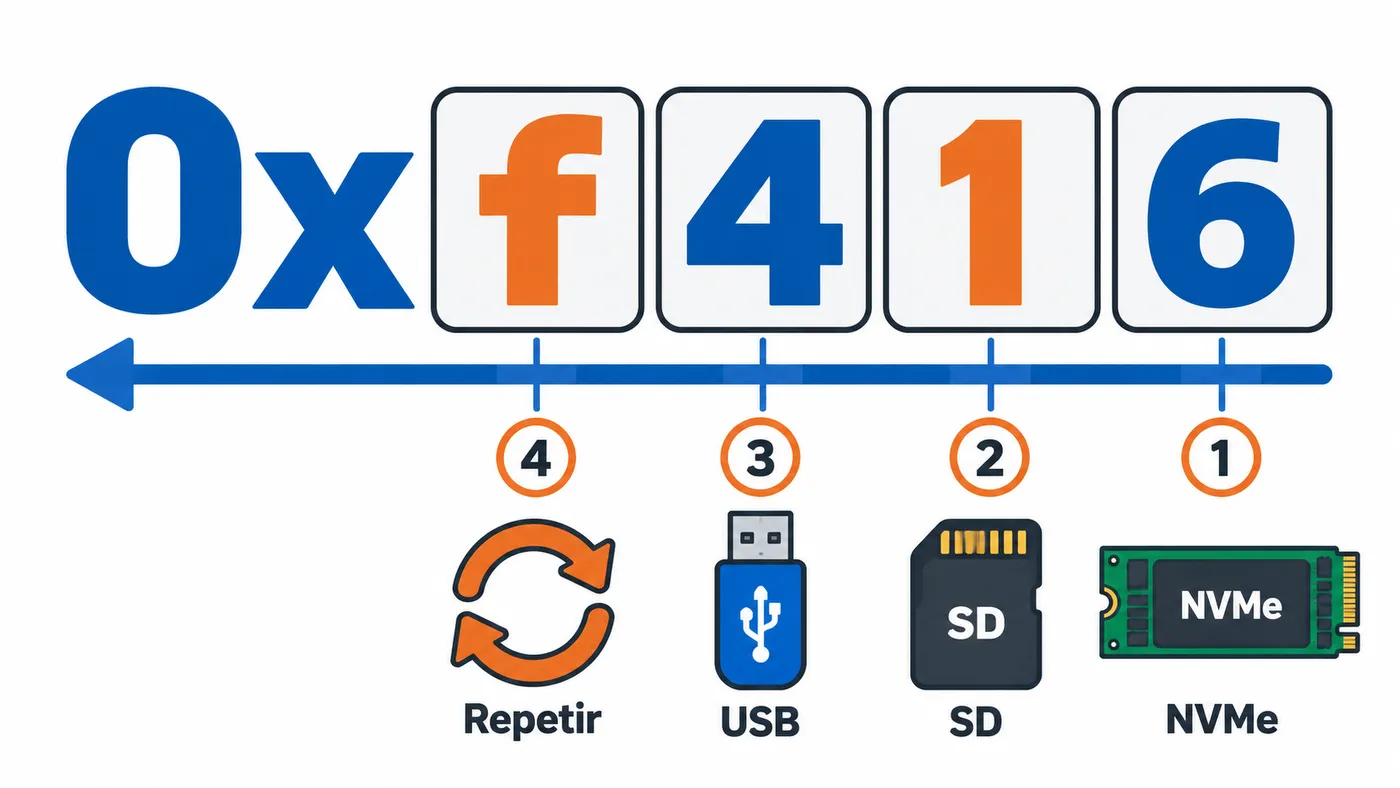 Lectura de BOOT_ORDER=0xf416 de derecha a izquierda: NVMe, microSD, USB y repetir