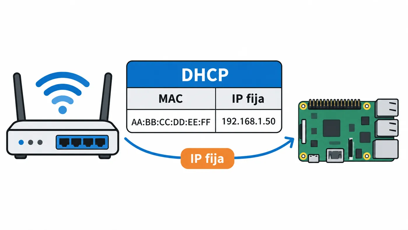 El router reserva una IP para la Raspberry Pi asociando su dirección MAC mediante DHCP.