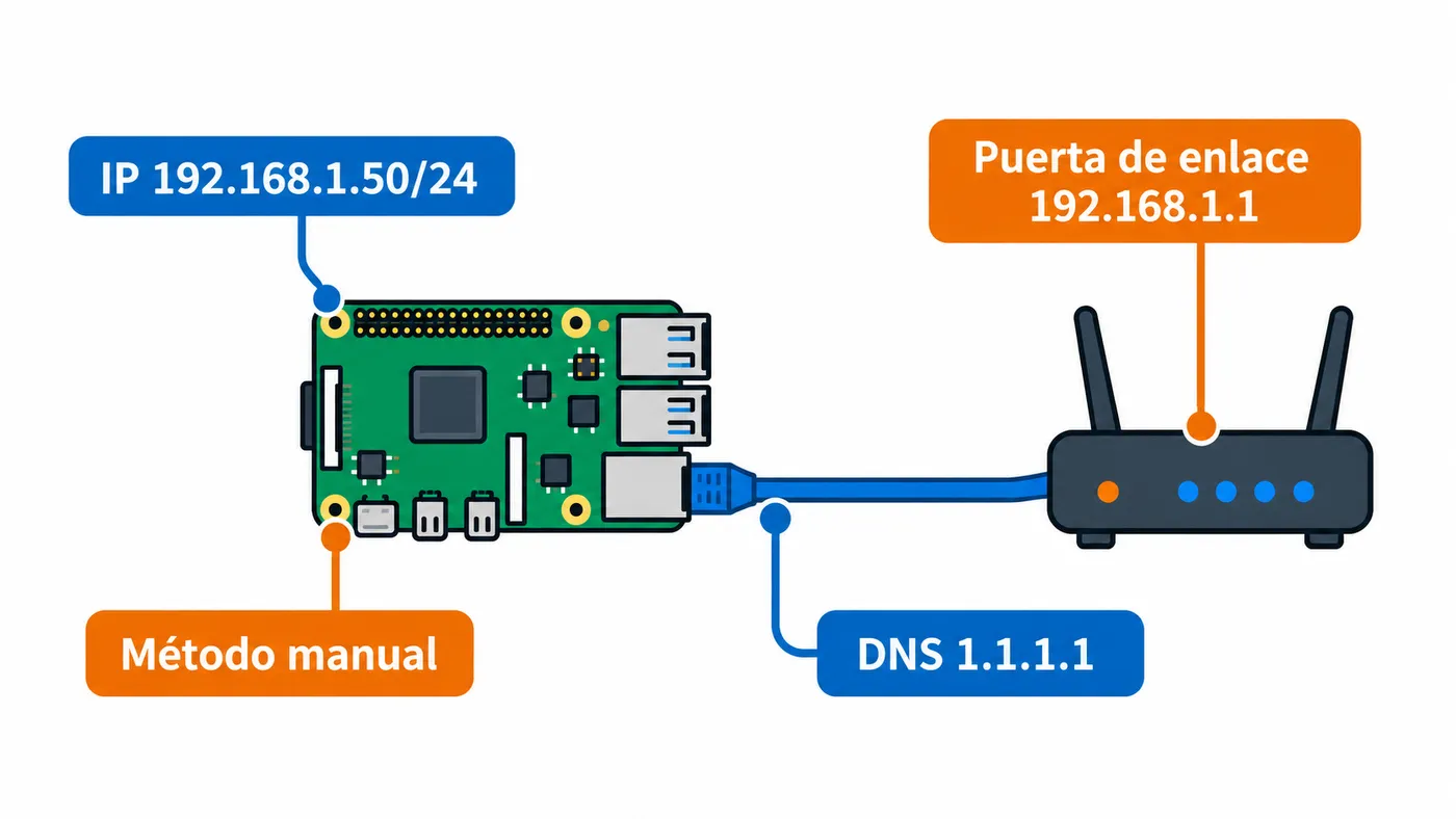 Esquema de IP manual con máscara, puerta de enlace y DNS en una Raspberry Pi conectada al router.