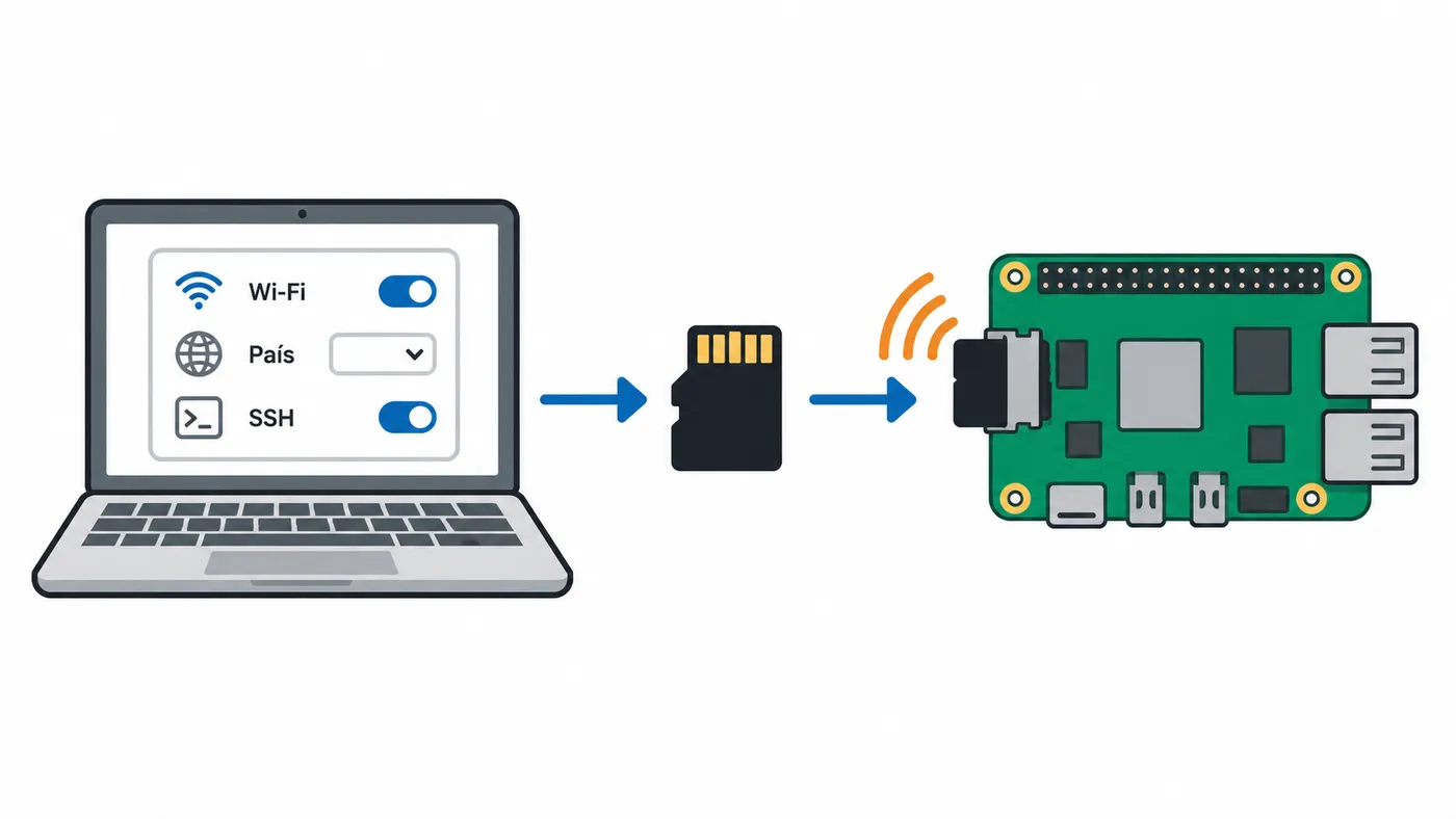 Un ordenador prepara la wifi, el país y SSH en la tarjeta antes de insertarla en la Raspberry Pi.