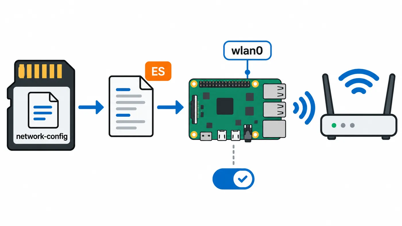 El archivo network-config de la tarjeta prepara wlan0 para conectarse al router durante el primer arranque.