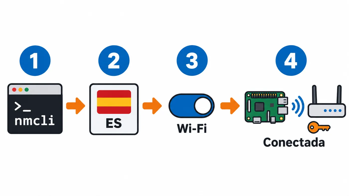 Flujo para fijar el país, activar la wifi y conectar la Raspberry Pi a la red con contraseña.