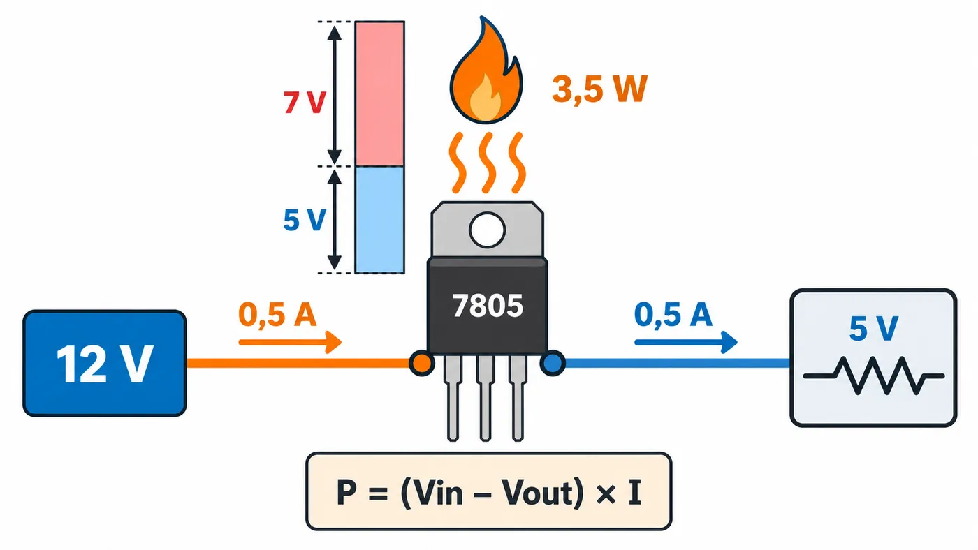 Regulador lineal 7805 de 12 V a 5 V con 500 mA: los 7 V sobrantes se convierten en 3,5 W de calor