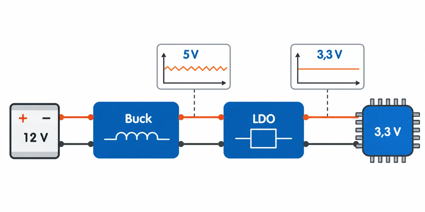 Cadena buck más LDO: de 12 V a 5 V con rizado, y el LDO entrega 3,3 V limpios al ESP32