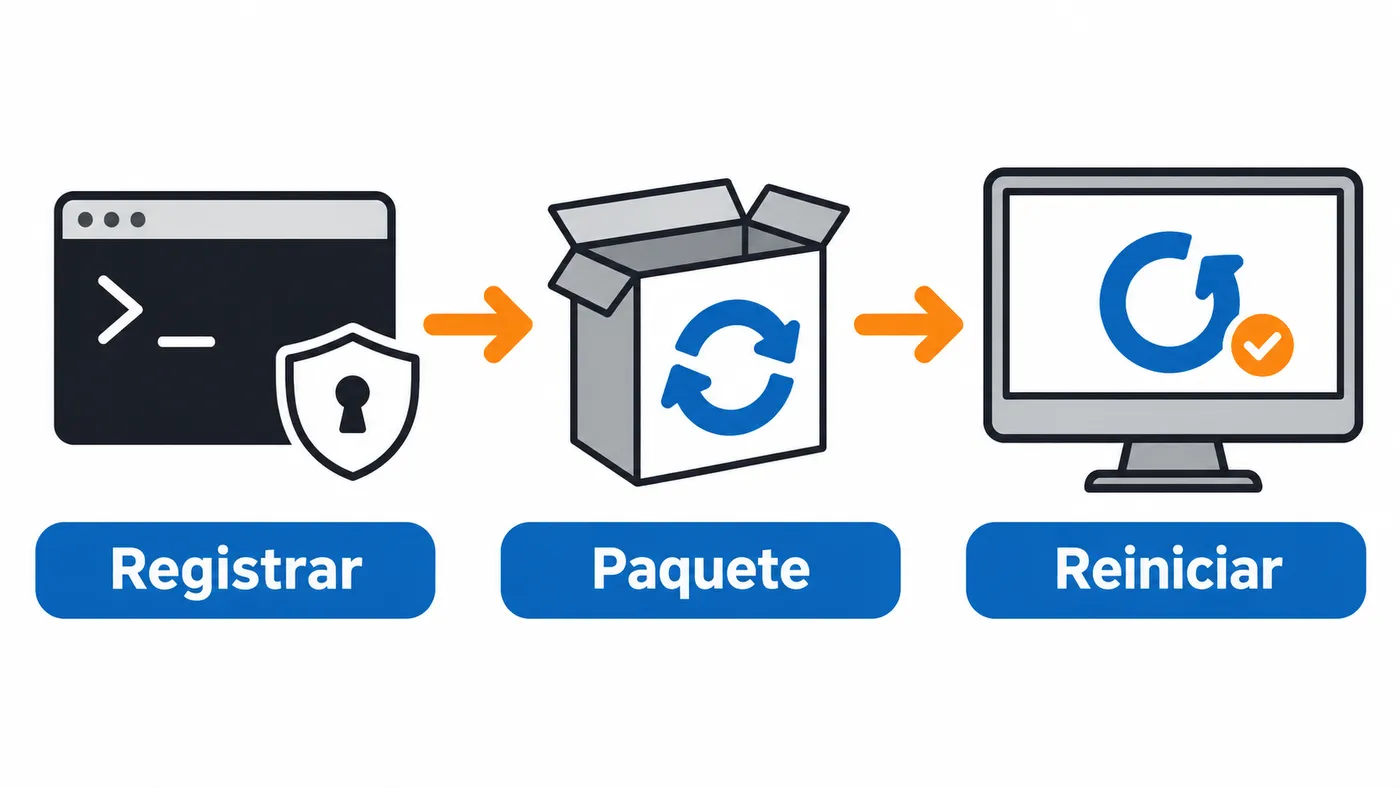 Secuencia de recuperación: registrar el paquete desde una terminal y reiniciar el equipo.