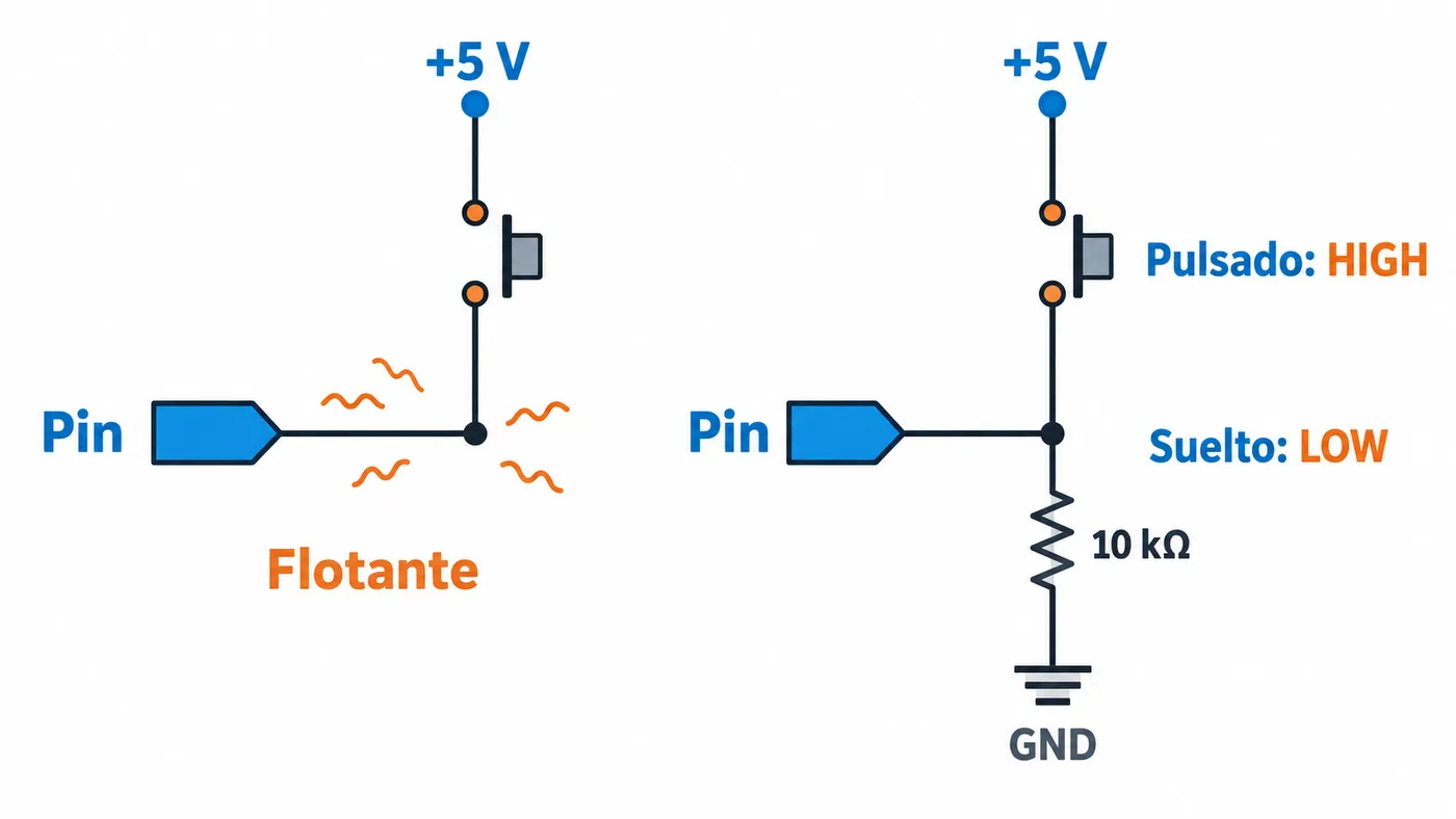 Un pin flotante puede leer ruido; una resistencia pull-down lo fija a LOW hasta pulsar el botón.