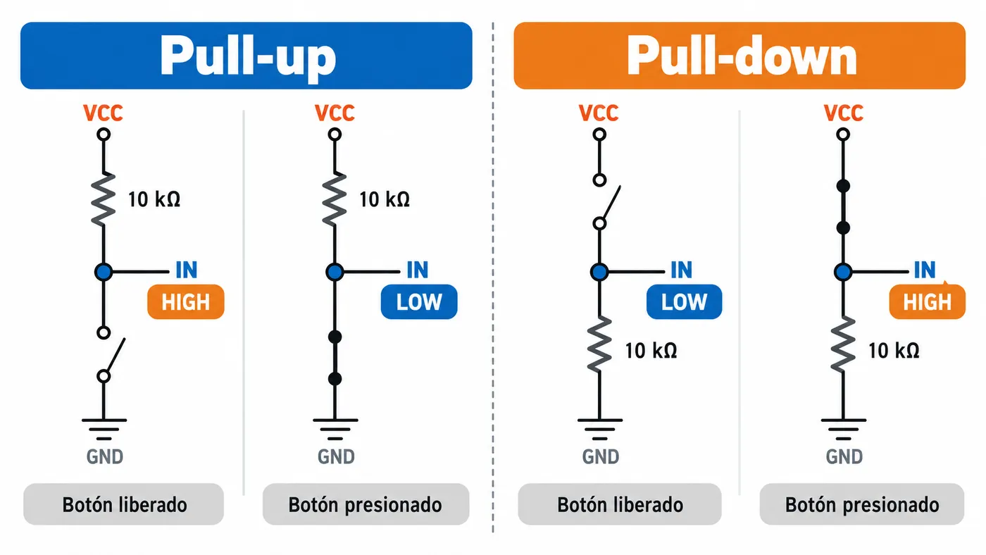 Comparación de conexiones pull-up y pull-down y de sus lecturas al soltar o pulsar el botón.
