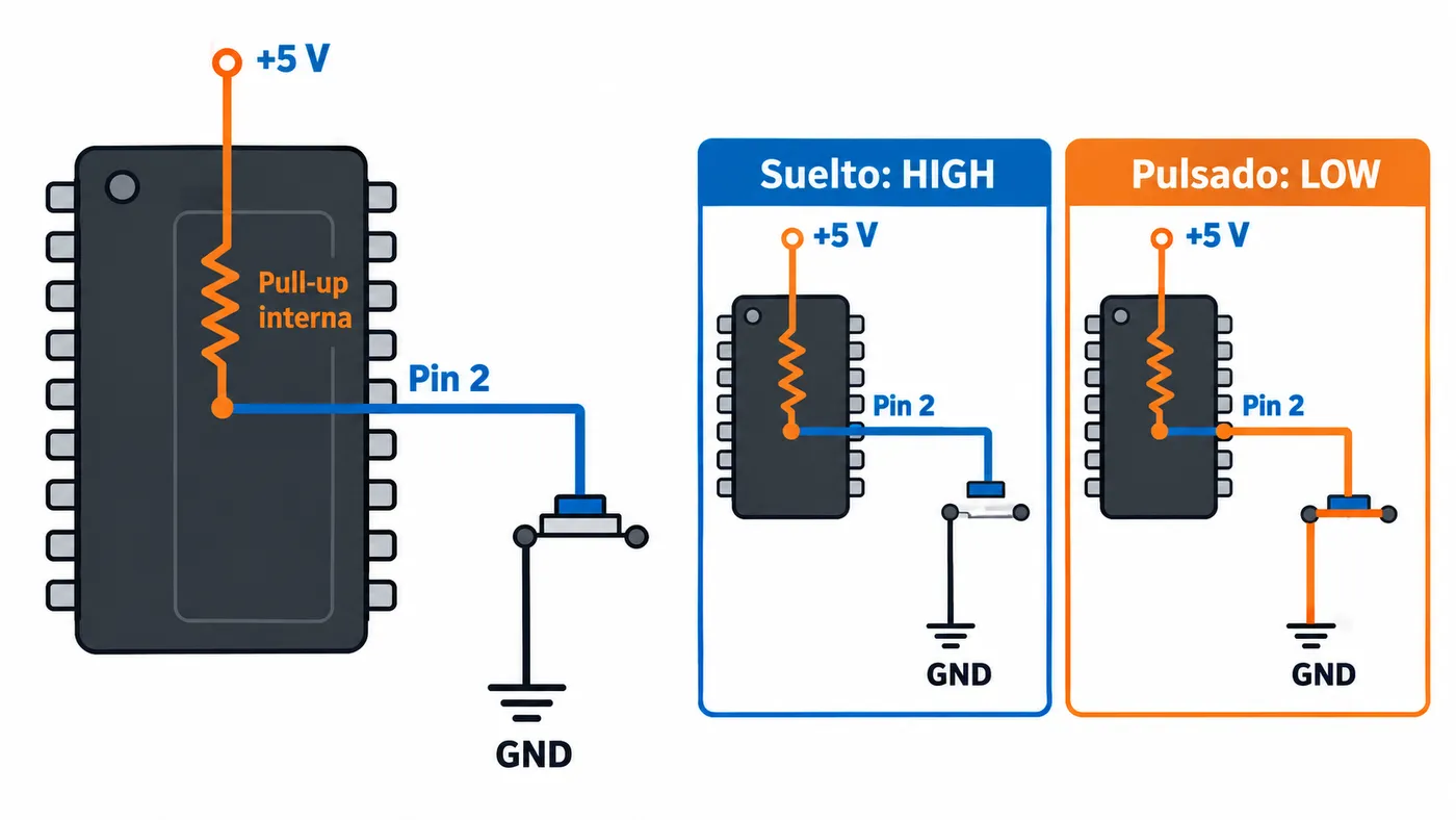 Pull-up interna entre 5 V y el pin 2, con el pulsador conectado entre pin y GND.