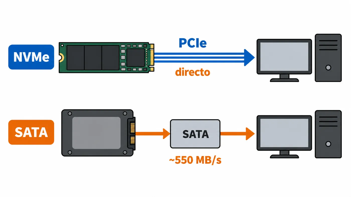 Comparación de las rutas de comunicación: NVMe conecta directamente por PCIe y SATA pasa por su interfaz, con límite aproximado de 550 MB/s.