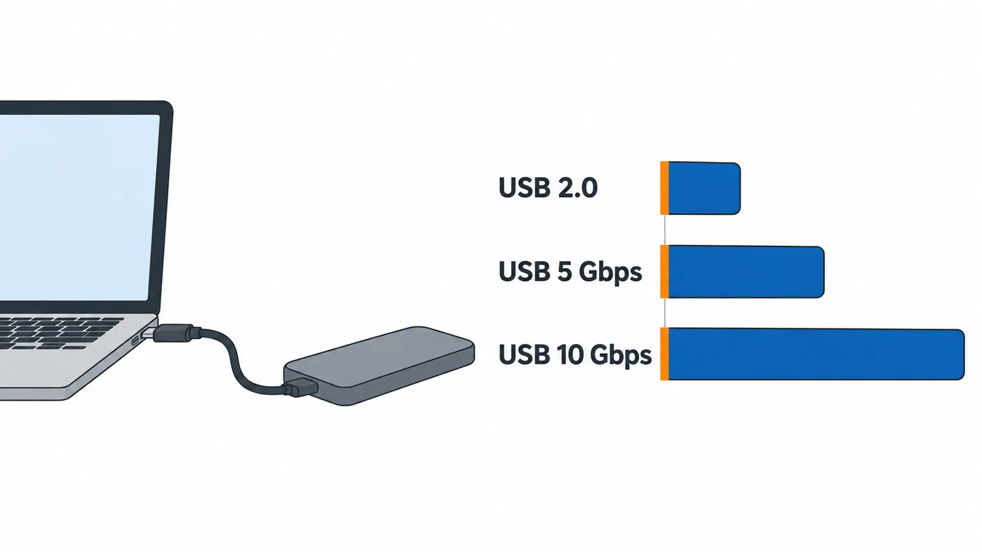 Velocidades orientativas de una carcasa NVMe según el puerto: USB 2.0, USB de 5 Gbps y USB de 10 Gbps.
