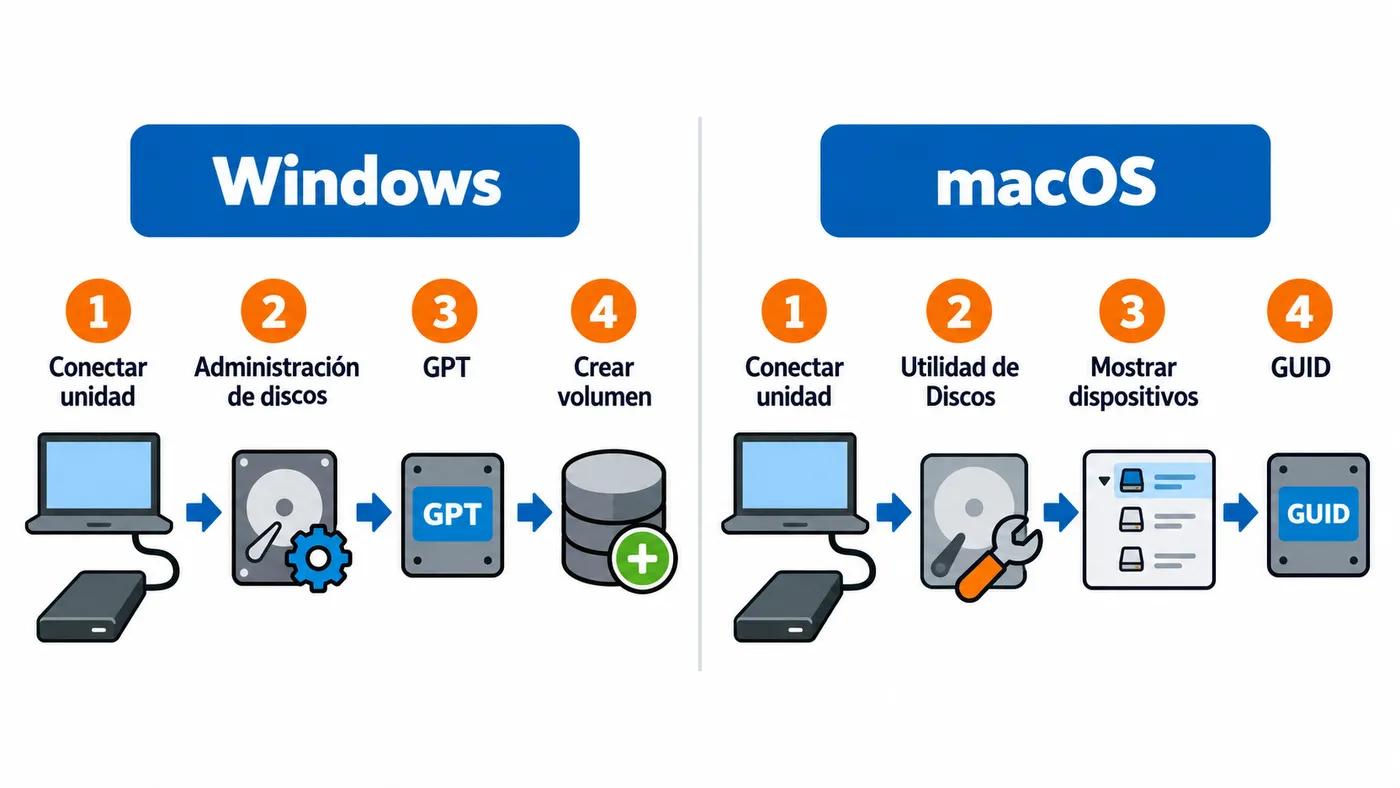 Flujos para inicializar una unidad nueva: GPT y crear volumen en Windows; Utilidad de Discos y GUID en macOS.